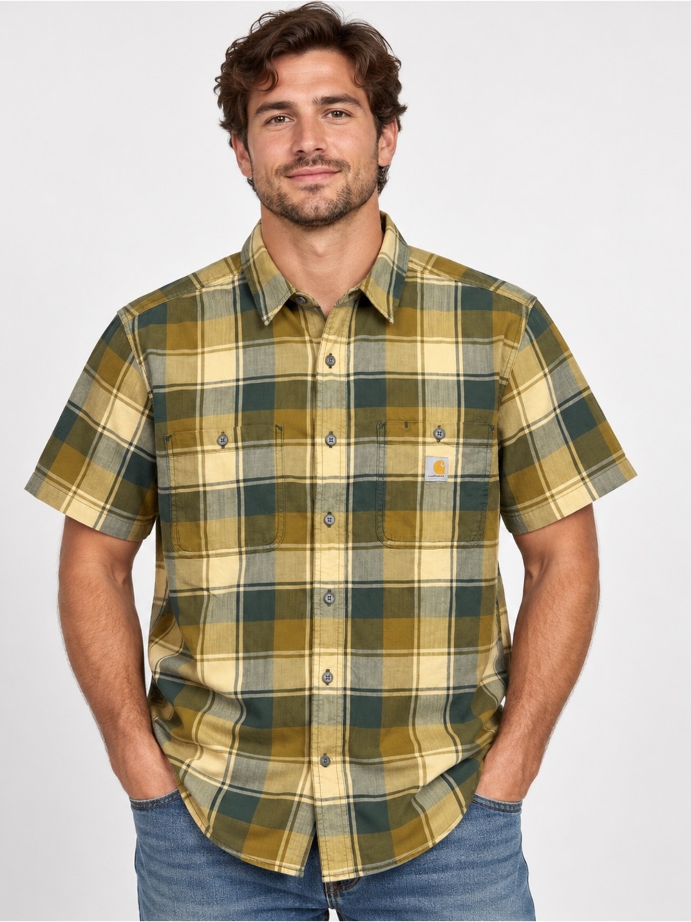 Carhartt Men’s L Relaxed Fit Plaid Short Sleeve Button Shirt Workwear Green